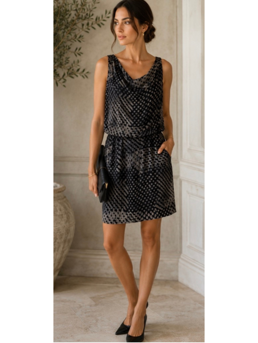 Theory Mini Dress Size 8 Black Grey Patterned Sleeveless